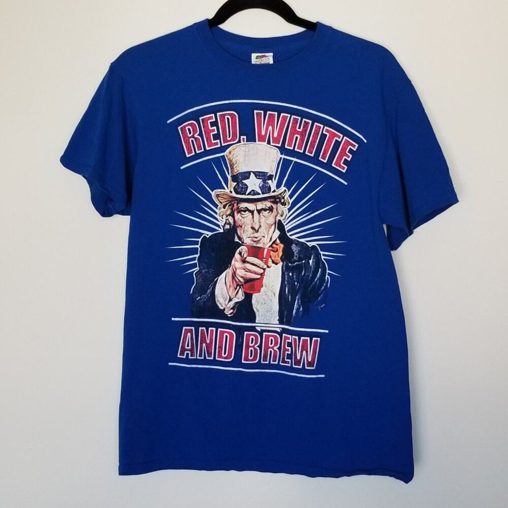 Uncle Sam Patriot Red, WhIte and Brew 4th of July T-Shirt Medium
